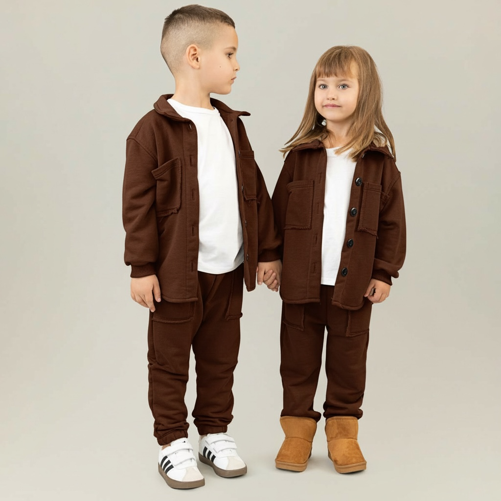 Trening copii maro ciocolata format din jacheta tip camasa si pantaloni jogger