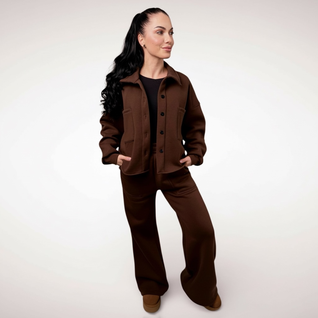 Trening dama maro ciocolata format din jacheta tip camasa si pantaloni largi