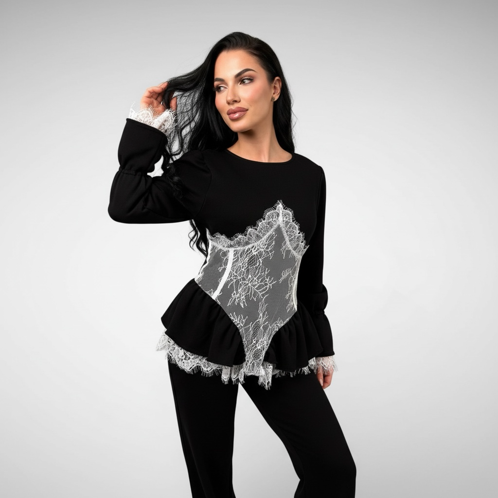Compleu dama negru cu detalii corset si volane din dantela chantilly