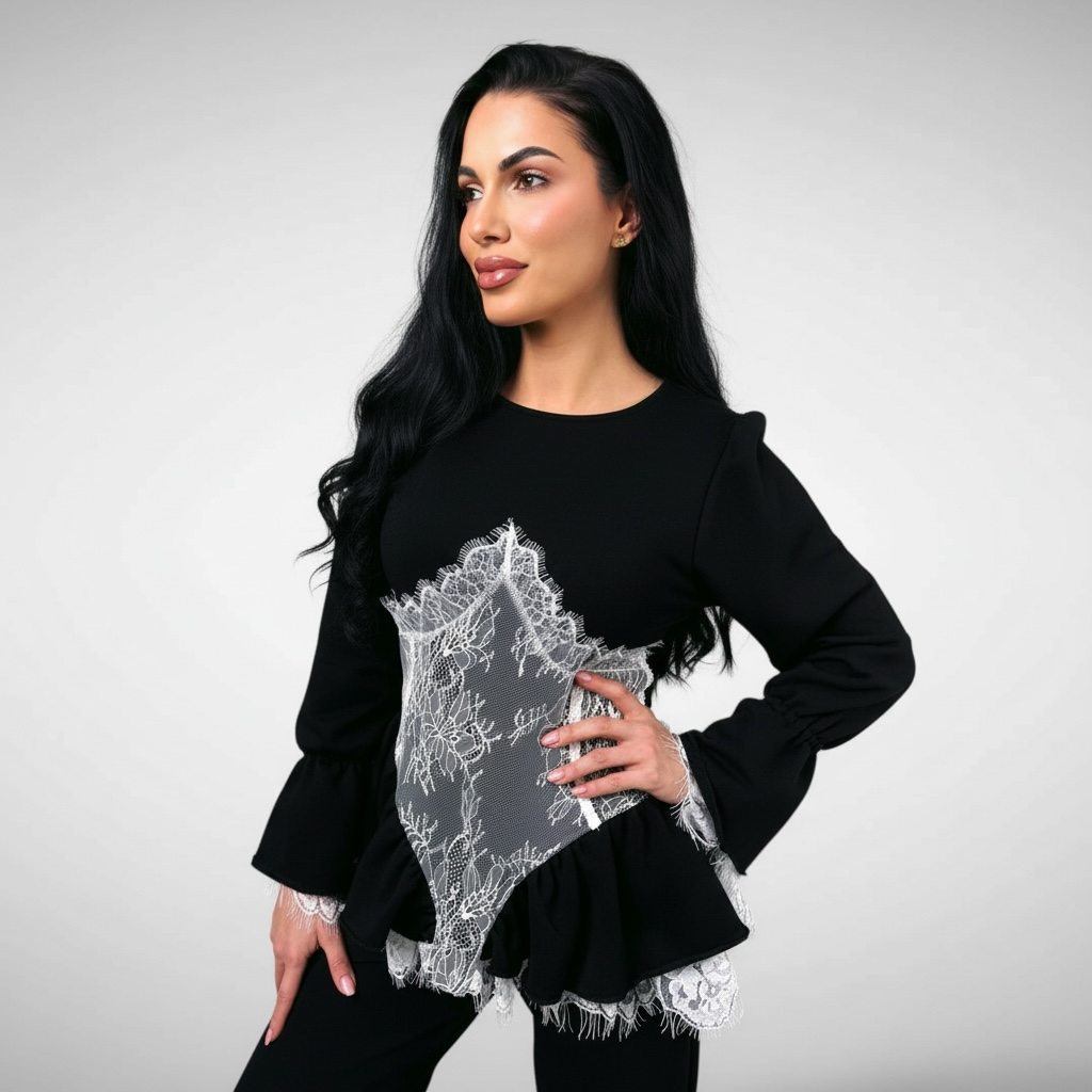 Compleu dama negru cu detalii corset si volane din dantela chantilly