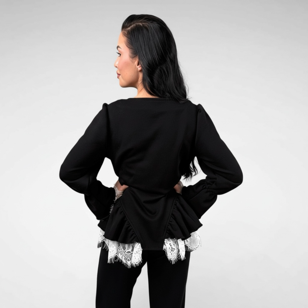 Compleu dama negru cu detalii corset si volane din dantela chantilly
