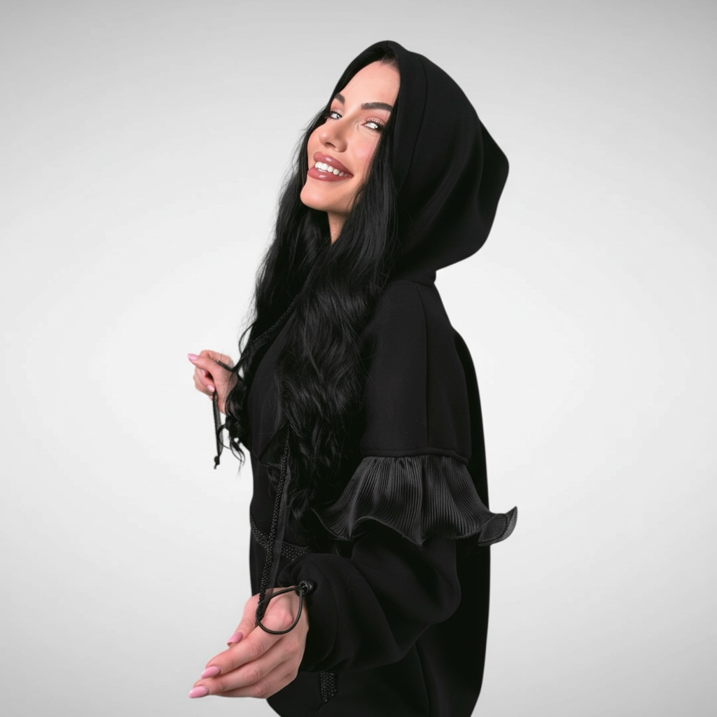 Hanorac dama negru oversize cu detalii din organza si aplicații decorative