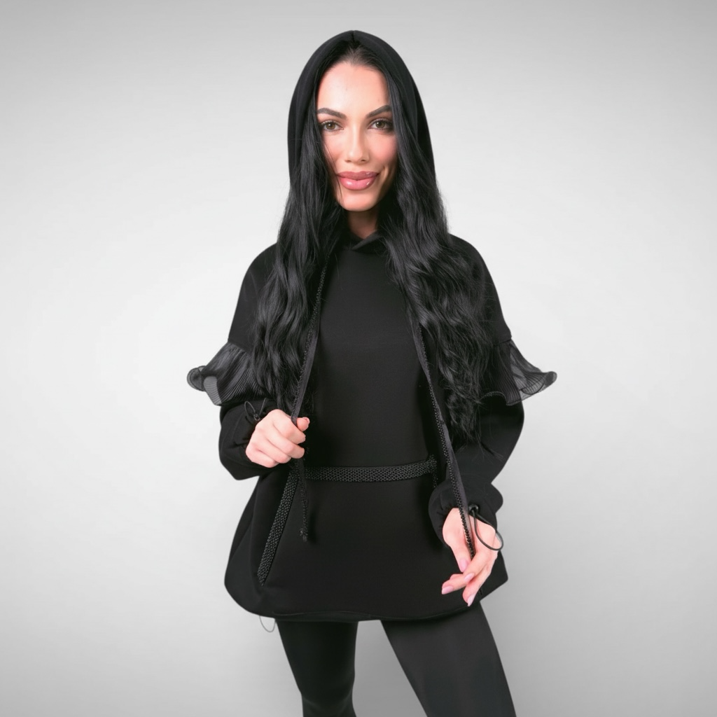 Hanorac dama negru oversize cu detalii din organza si aplicații decorative