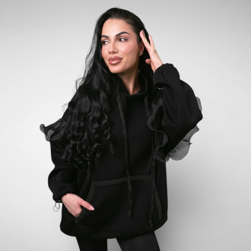 Hanorac dama negru oversize cu detalii din organza si aplicații decorative