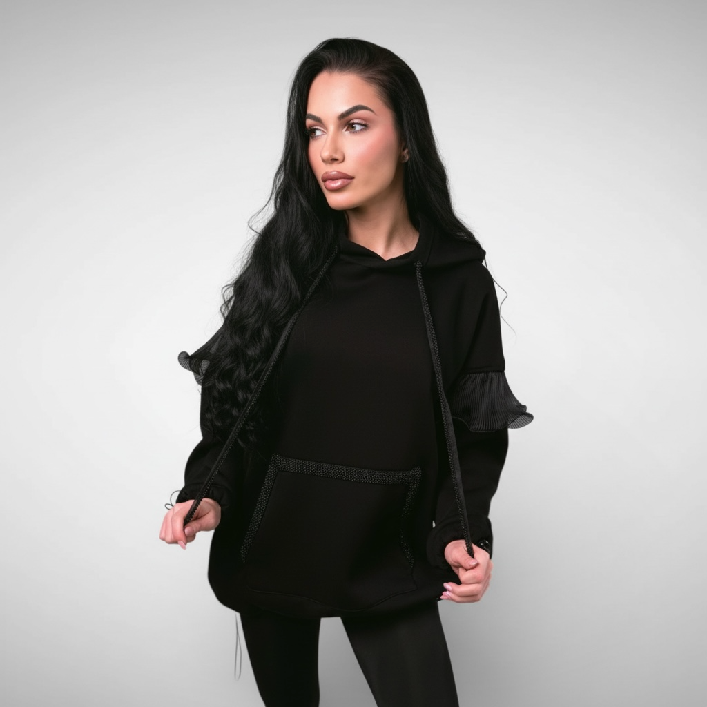Hanorac dama negru oversize cu detalii din organza si aplicații decorative