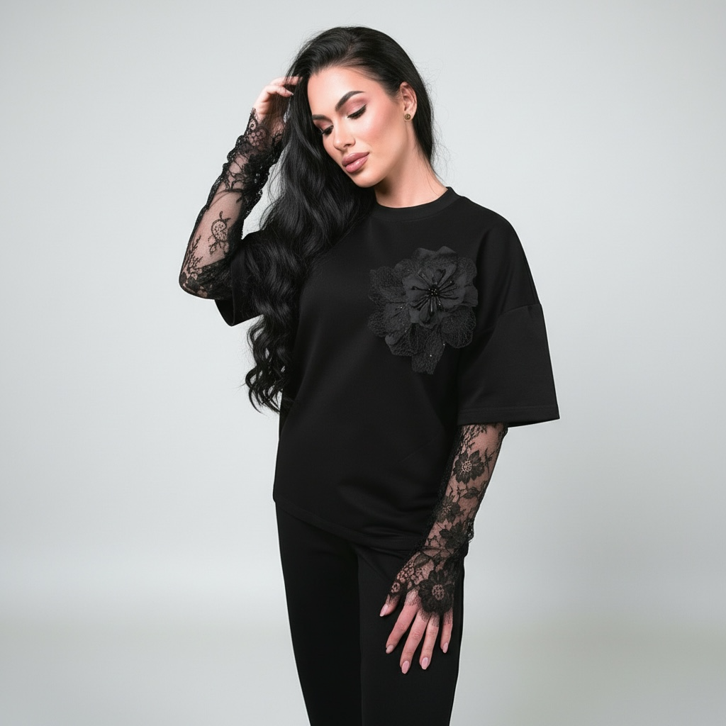 Compleu dama negru cu floare si maneci din dantela chantilly