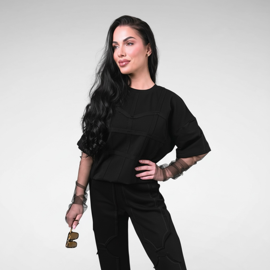 Compleu dama negru cu elemente de corset si maneci din tull detasabile