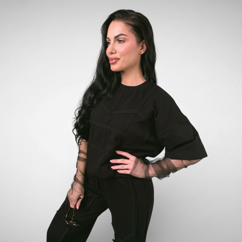Compleu dama negru cu elemente de corset si maneci din tull detasabile