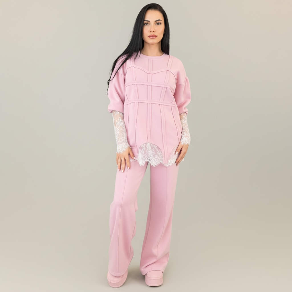 Trening dama roz cu bandaje tip corset si dantela chantilly