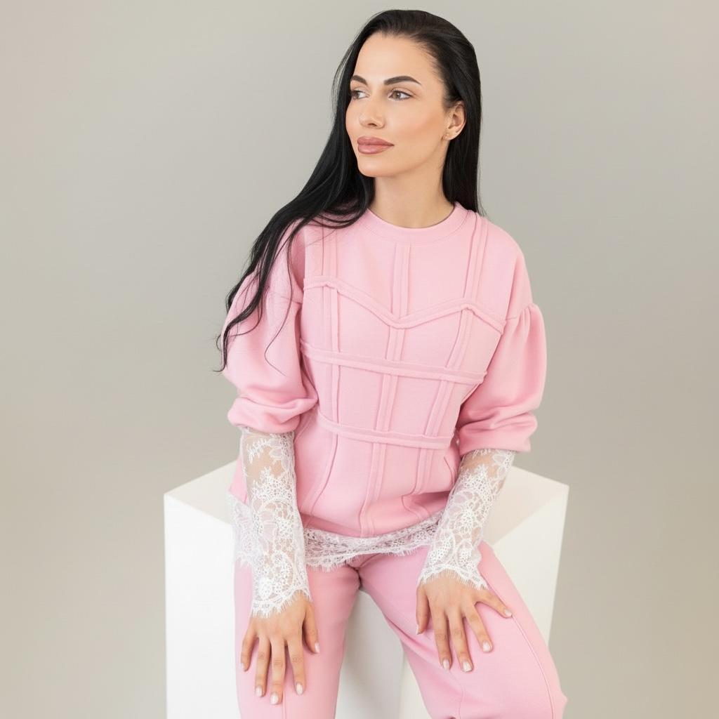 Trening dama roz cu bandaje tip corset si dantela chantilly