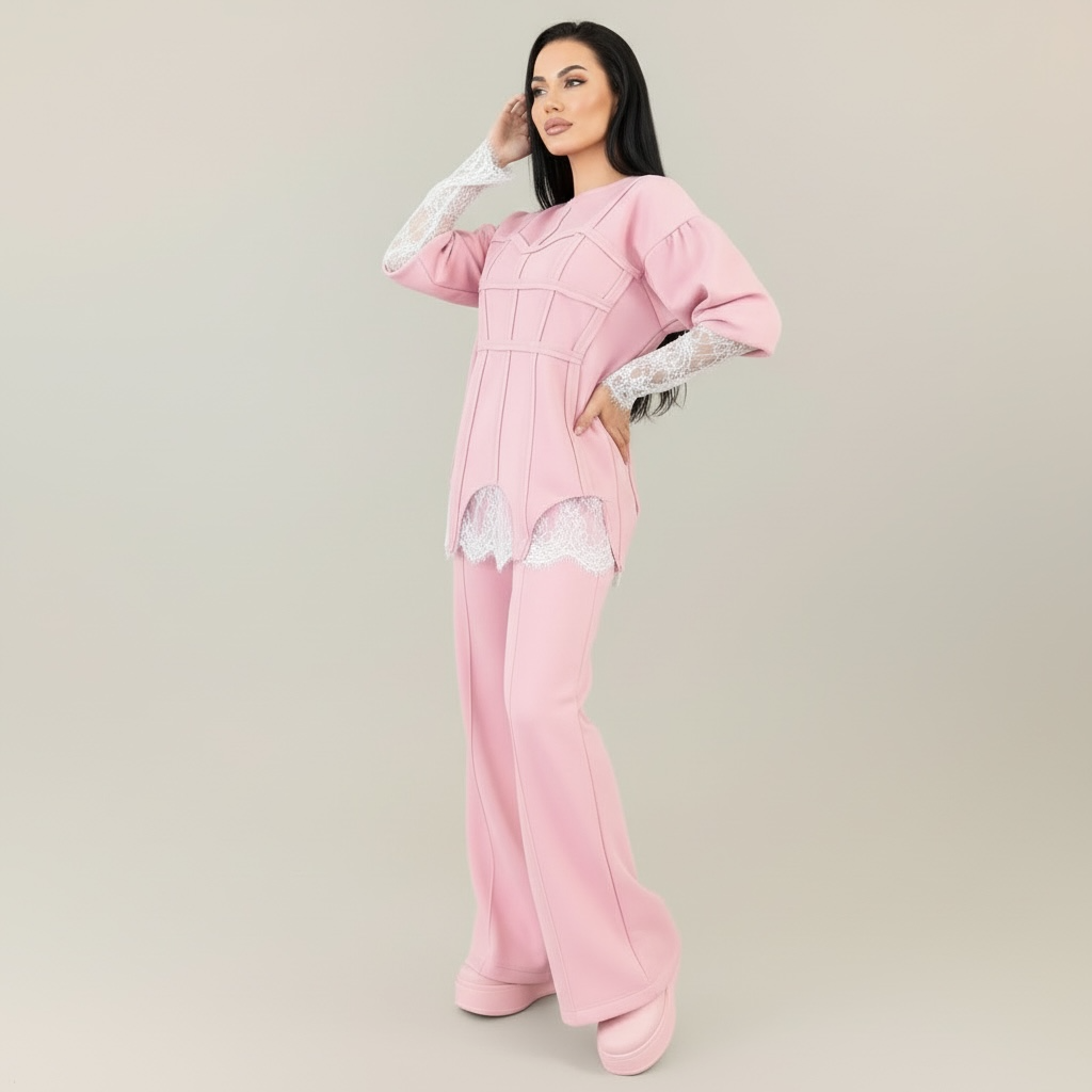Trening dama roz cu bandaje tip corset si dantela chantilly