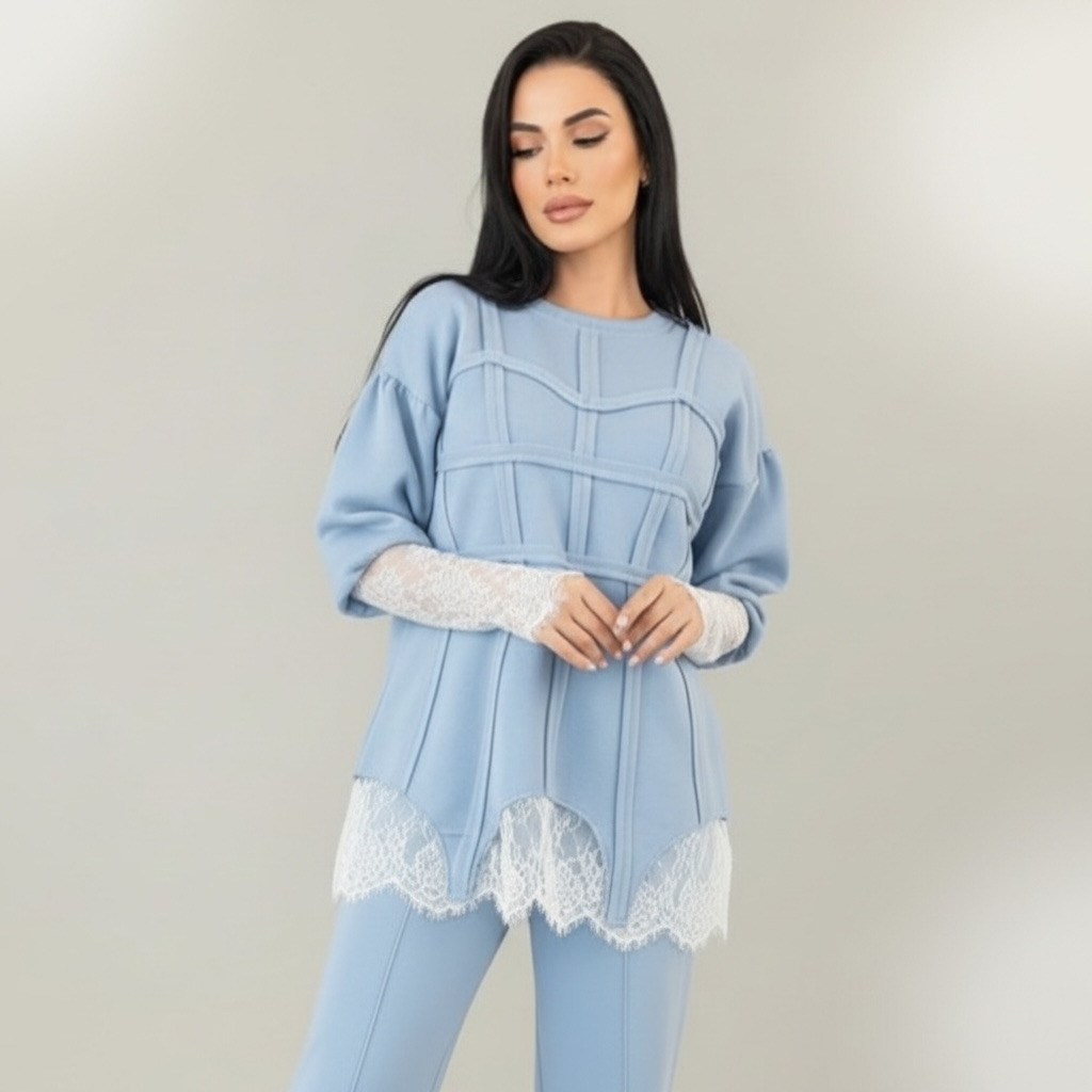 Trening dama bleu cu bandaje tip corset si dantela chantilly