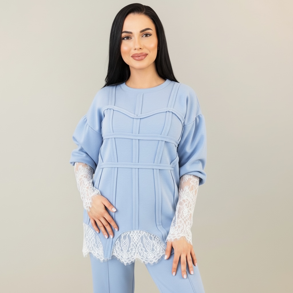 Trening dama bleu cu bandaje tip corset si dantela chantilly
