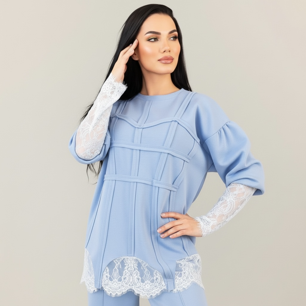 Trening dama bleu cu bandaje tip corset si dantela chantilly