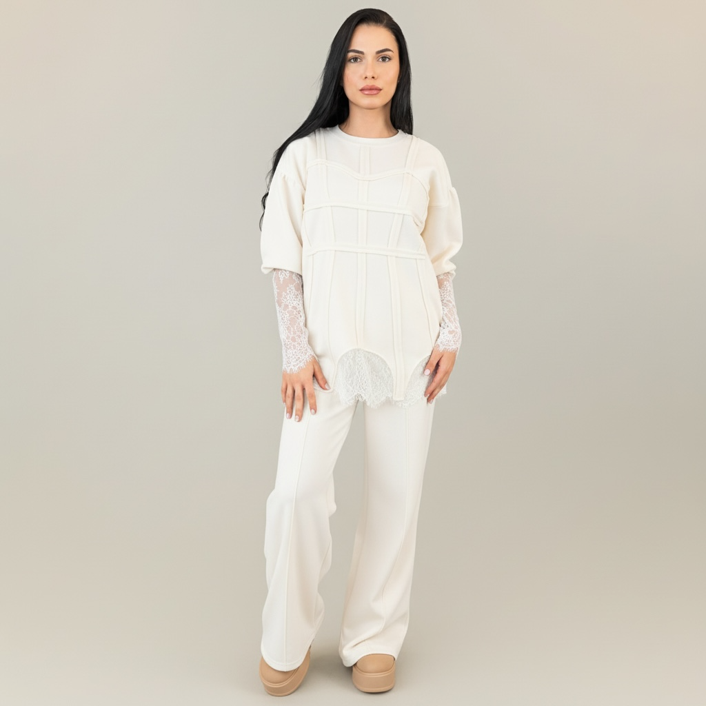 Trening dama off white cu bandaje tip corset si dantela chantilly