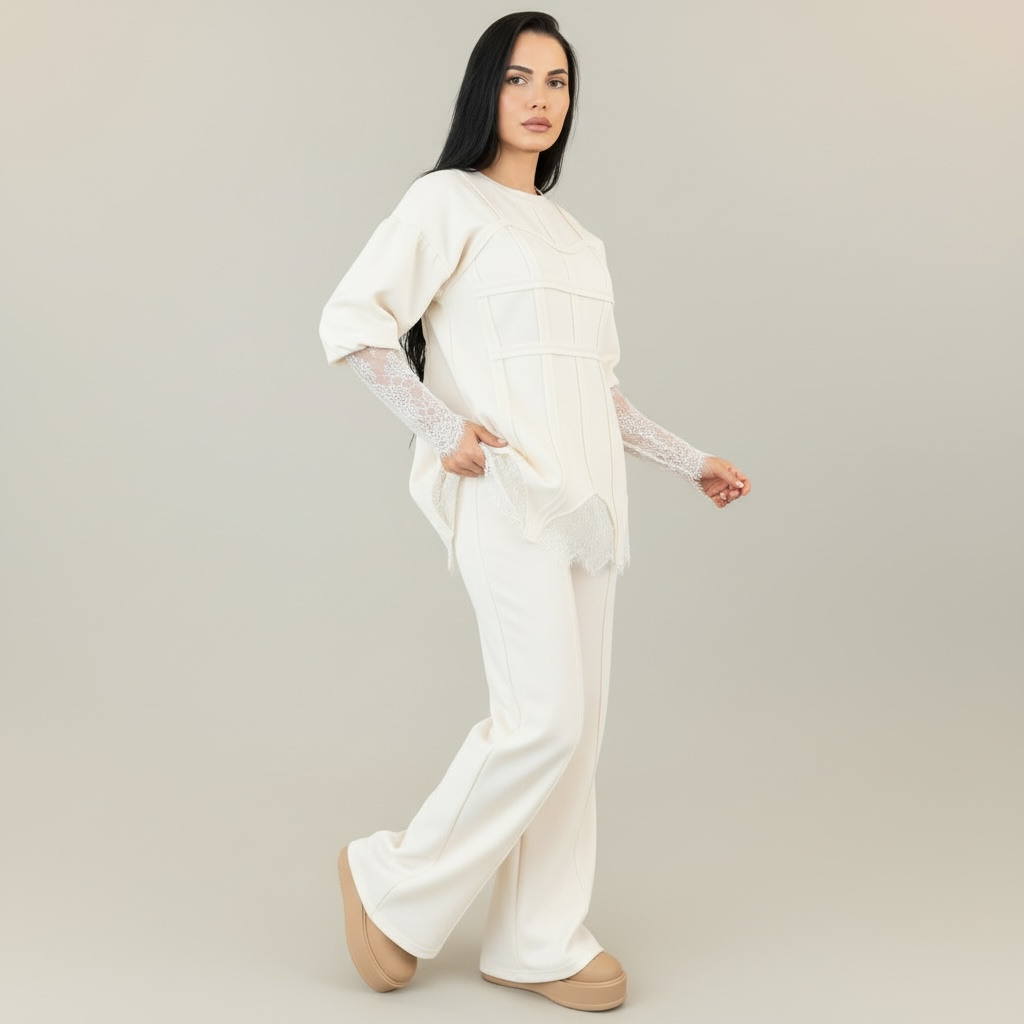 Trening dama off white cu bandaje tip corset si dantela chantilly