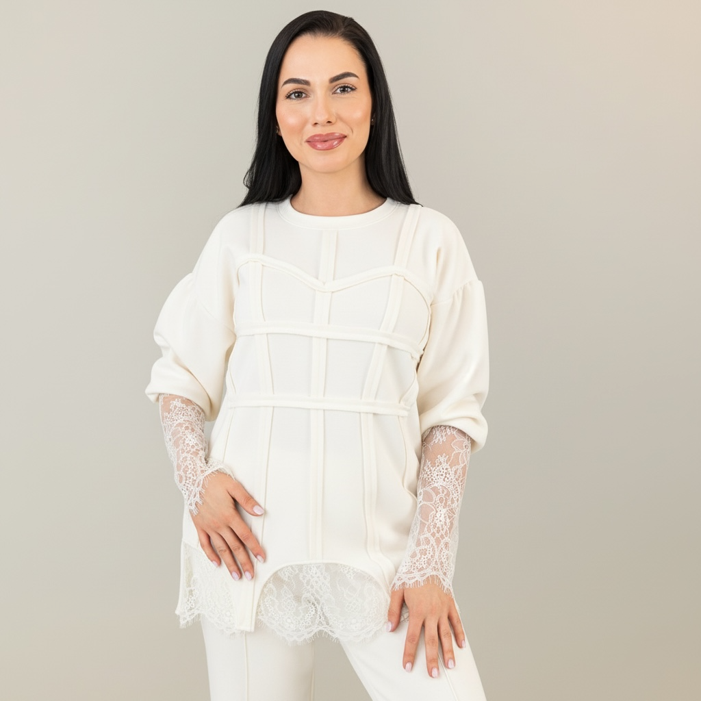 Trening dama off white cu bandaje tip corset si dantela chantilly