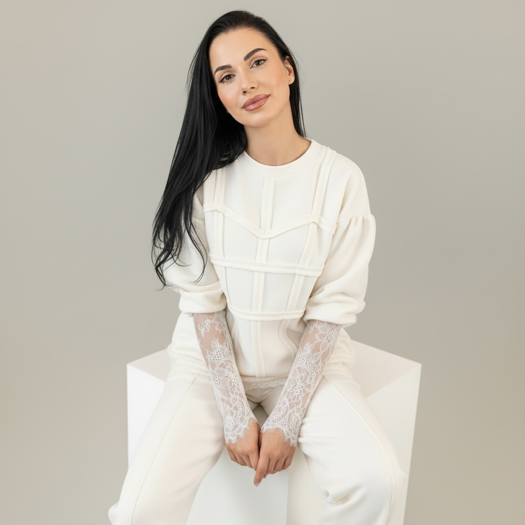 Trening dama off white cu bandaje tip corset si dantela chantilly