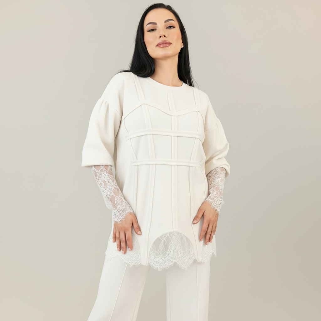 Trening dama off white cu bandaje tip corset si dantela chantilly