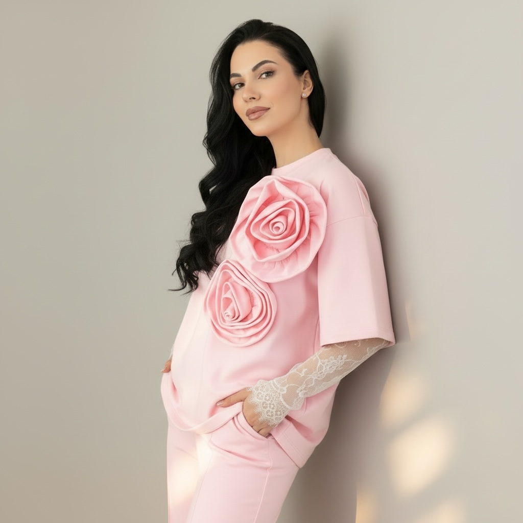 Compleu dama roz cu flori aplicate si maneci din dantela chantilly detasabile