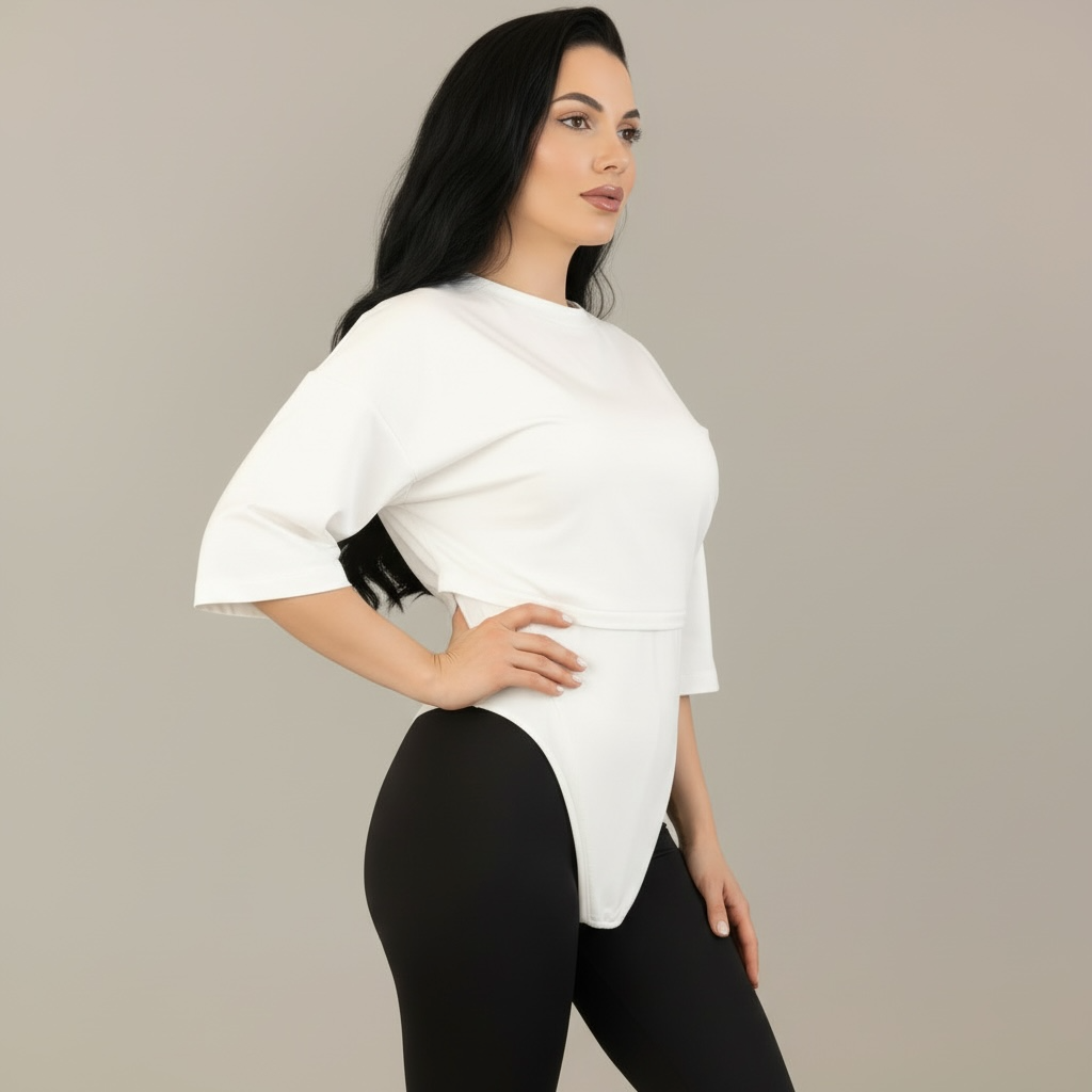 Tricou off white din bumbac premium cu corset
