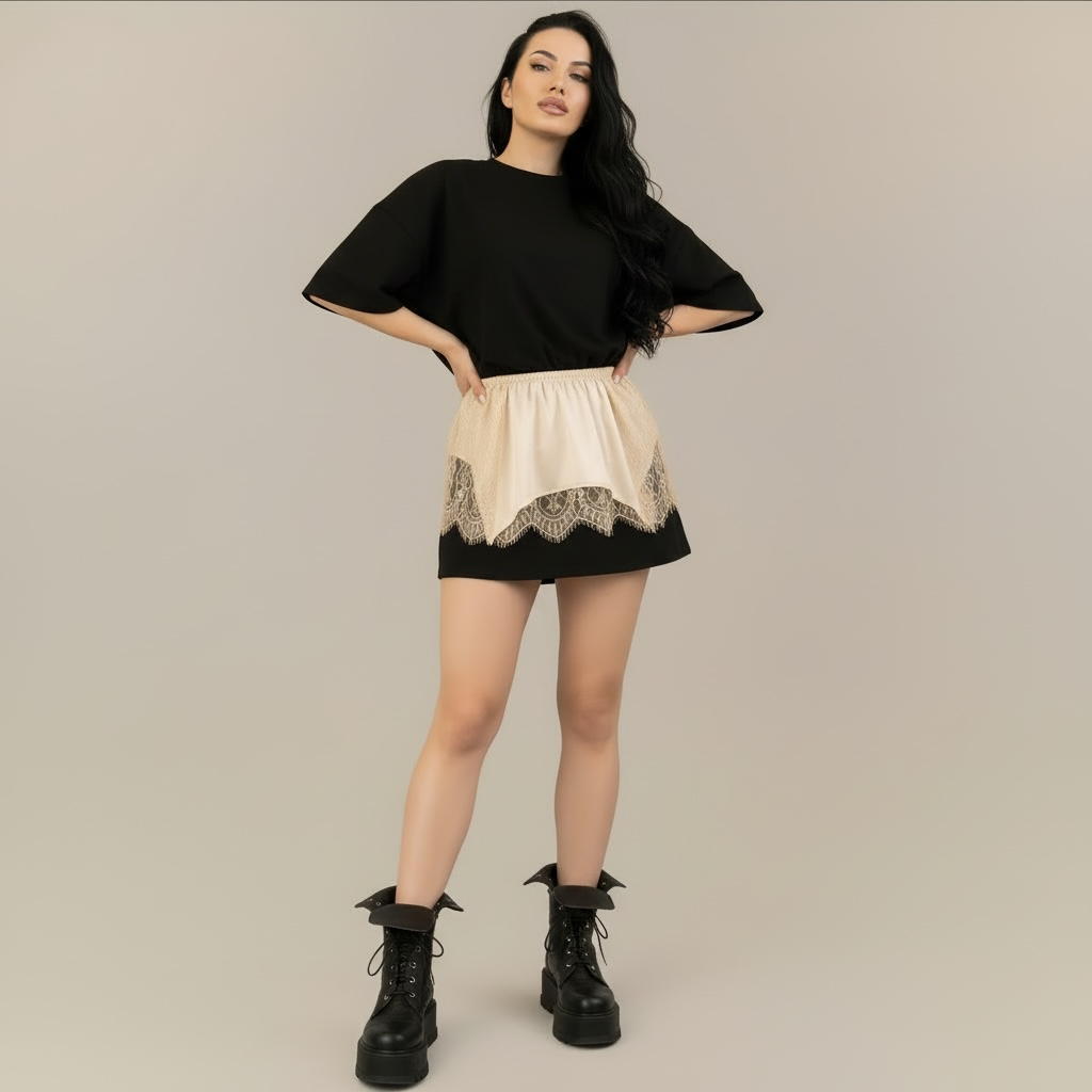 Tricou tip rochie negru cu brau din matase și dantela