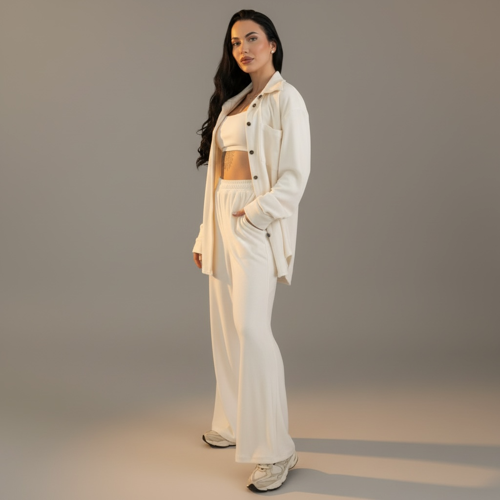 Compleu dama 3 piese off white din catifea