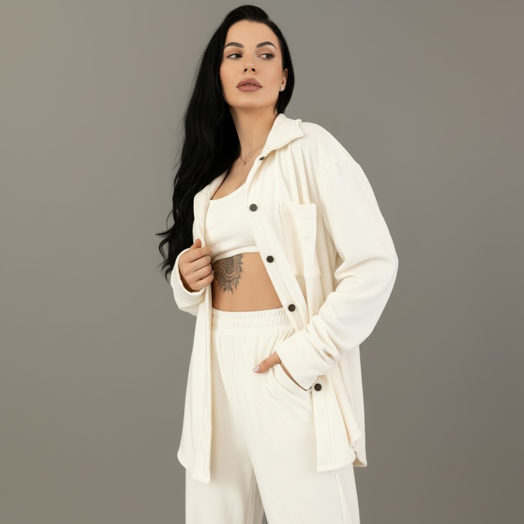 Compleu dama 3 piese off white din catifea
