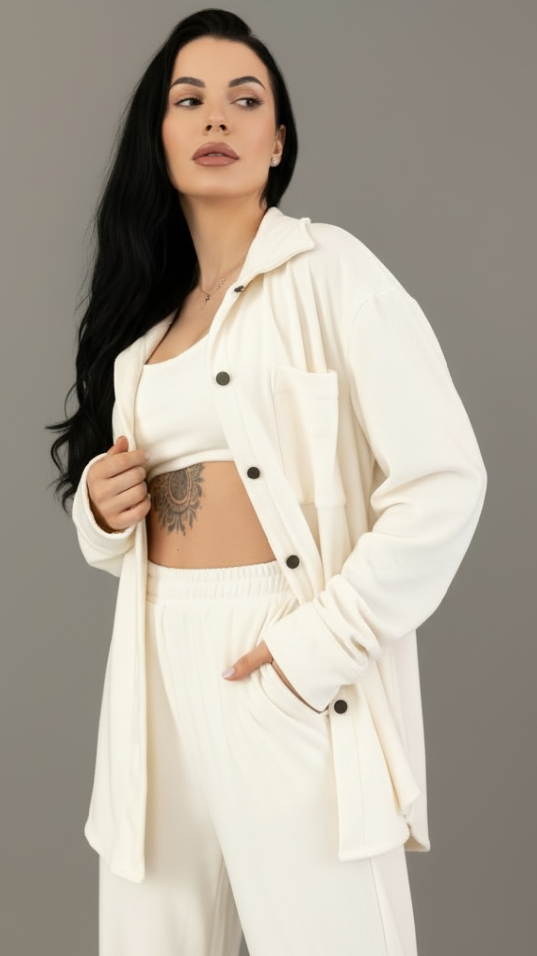 Compleu dama 3 piese off white din catifea