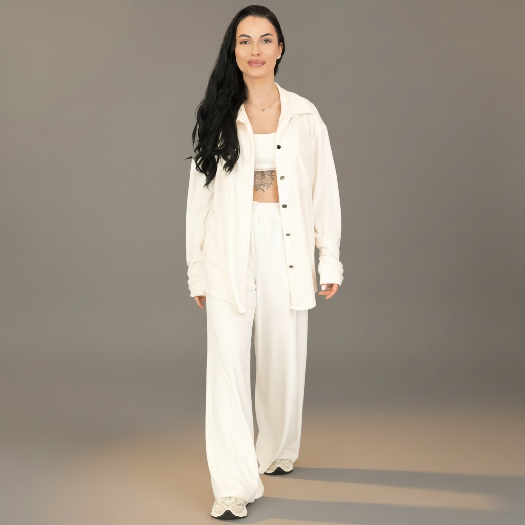 Compleu dama 3 piese off white din catifea