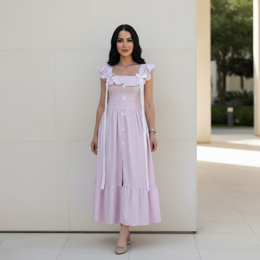 Rochie dama roz cu volane, nasturi decorativi si funde satinate