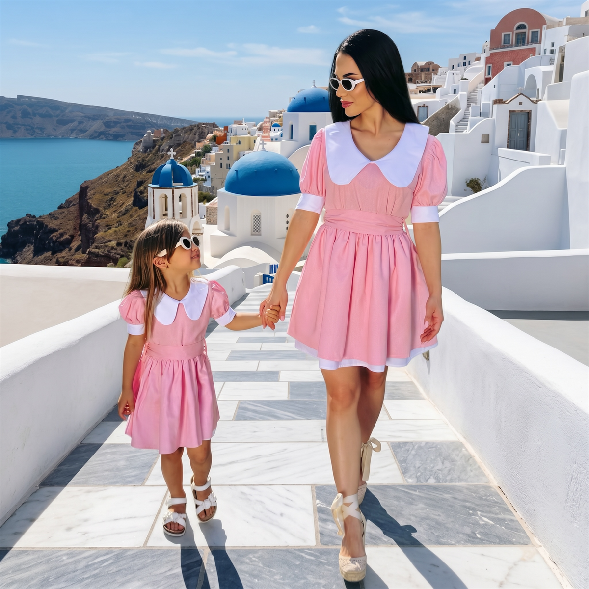 Set rochii mama fiica baby doll roz din in cu guler alb si maneci bufante