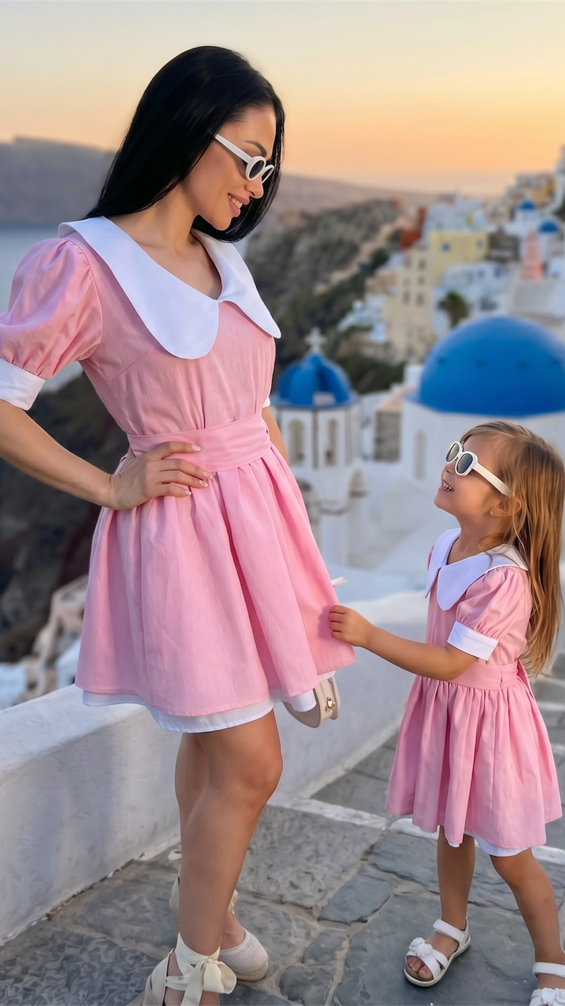 Set rochii mama fiica baby doll roz din in cu guler alb si maneci bufante