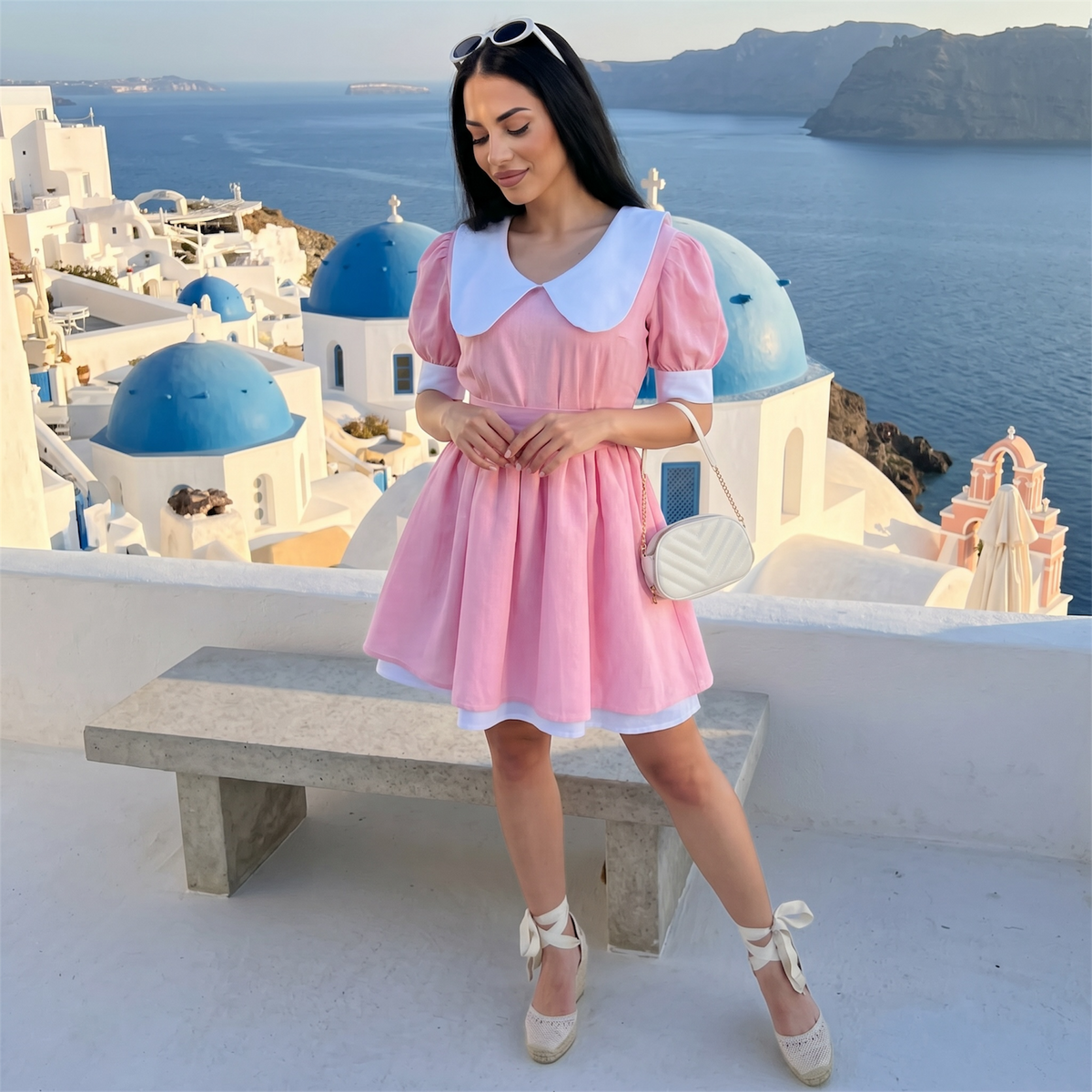 Rochie dama baby doll roz pastel din in cu guler alb si maneci bufante