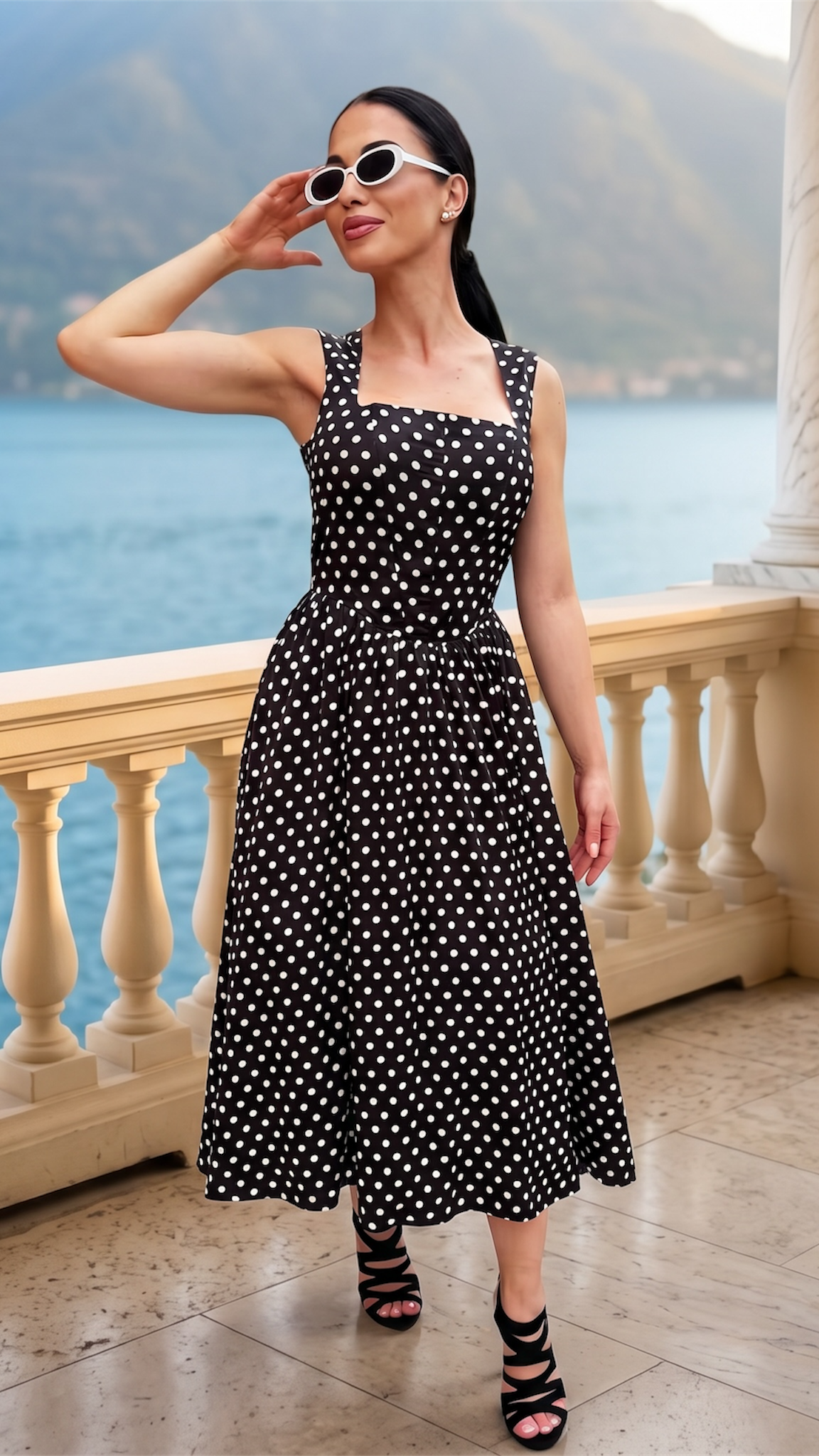 Rochie midi neagra cu imprimeu buline si corset