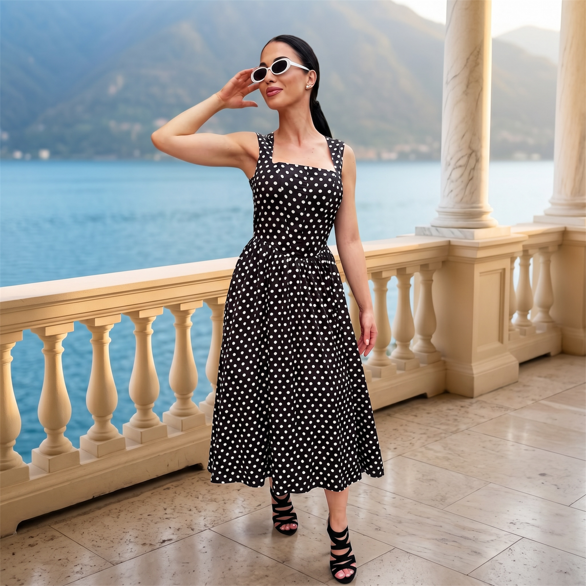 Rochie midi neagra cu imprimeu buline si corset