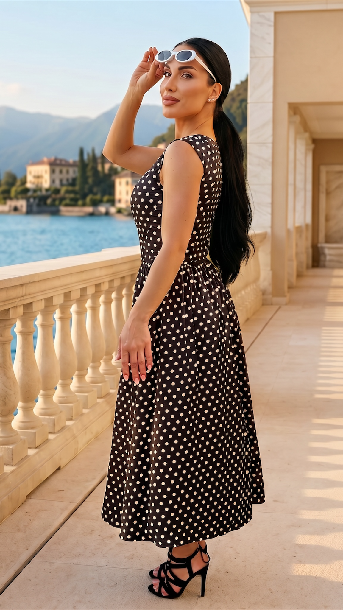 Rochie midi neagra cu imprimeu buline si corset