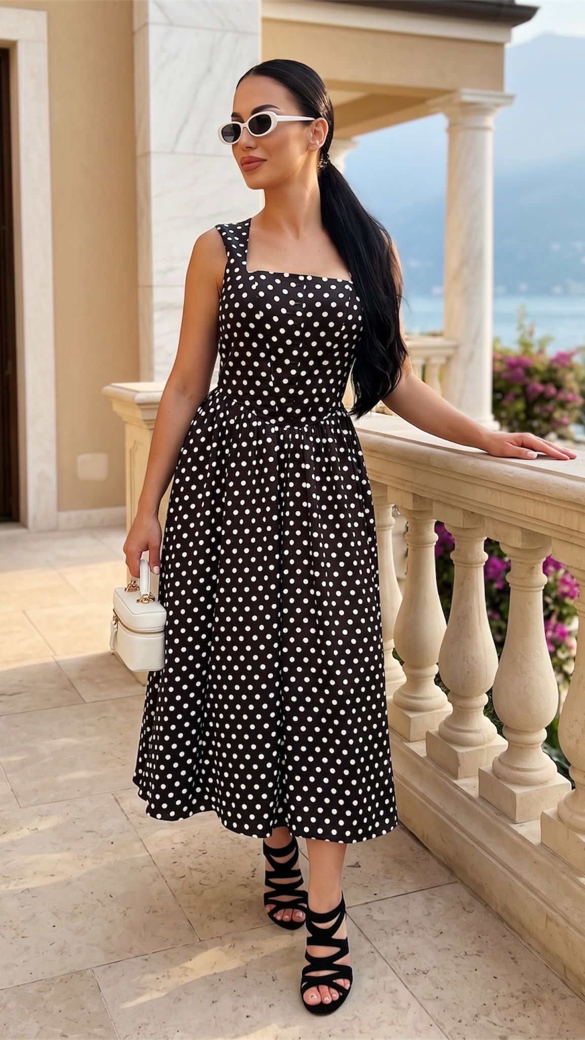 Rochie midi neagra cu imprimeu buline si corset