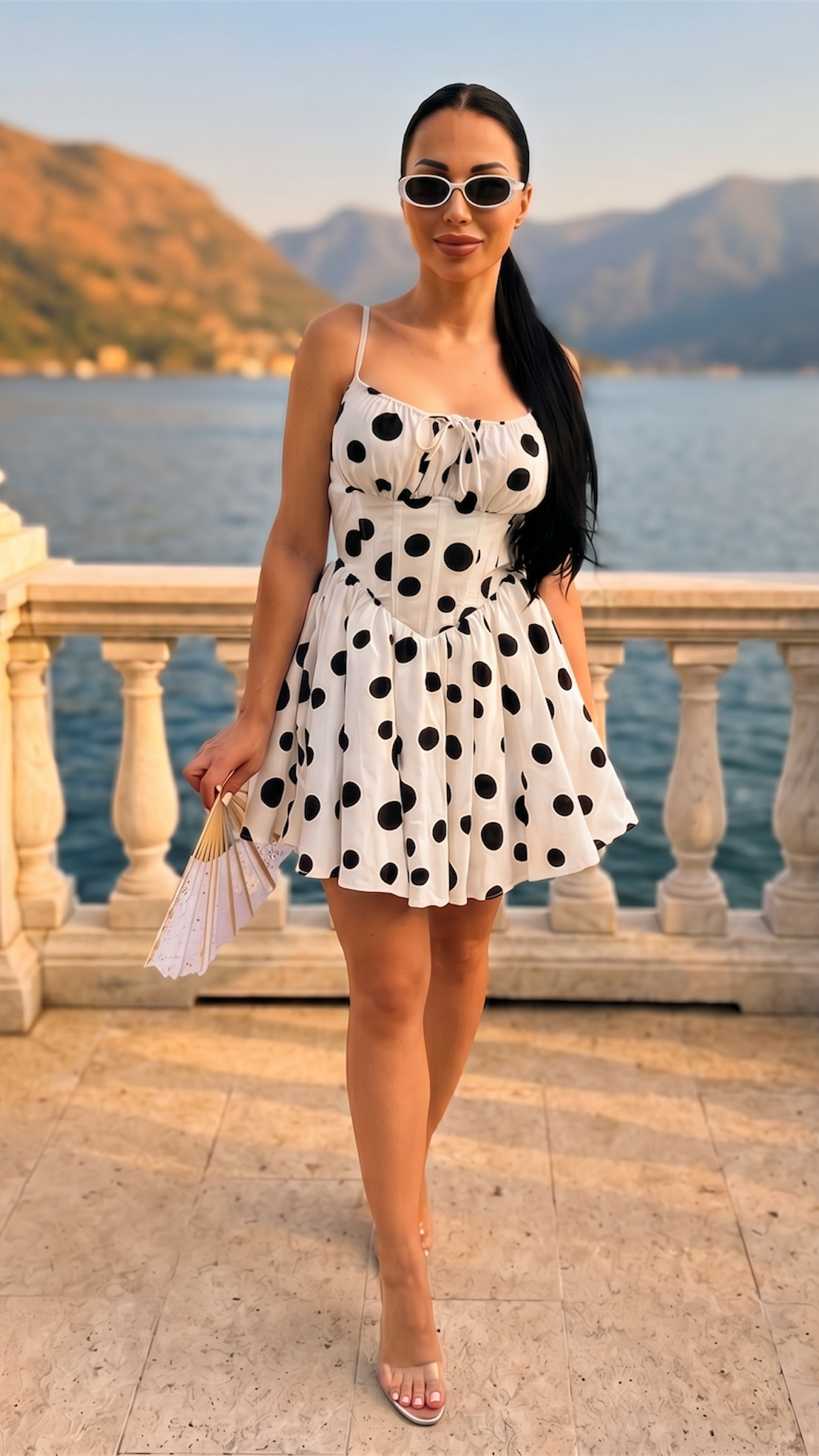 Rochie scurta alba cu imprimeu buline si corset