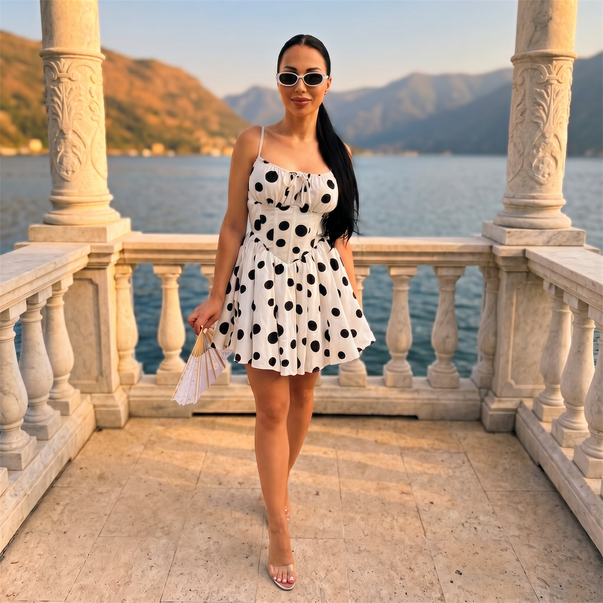 Rochie scurta alba cu imprimeu buline si corset