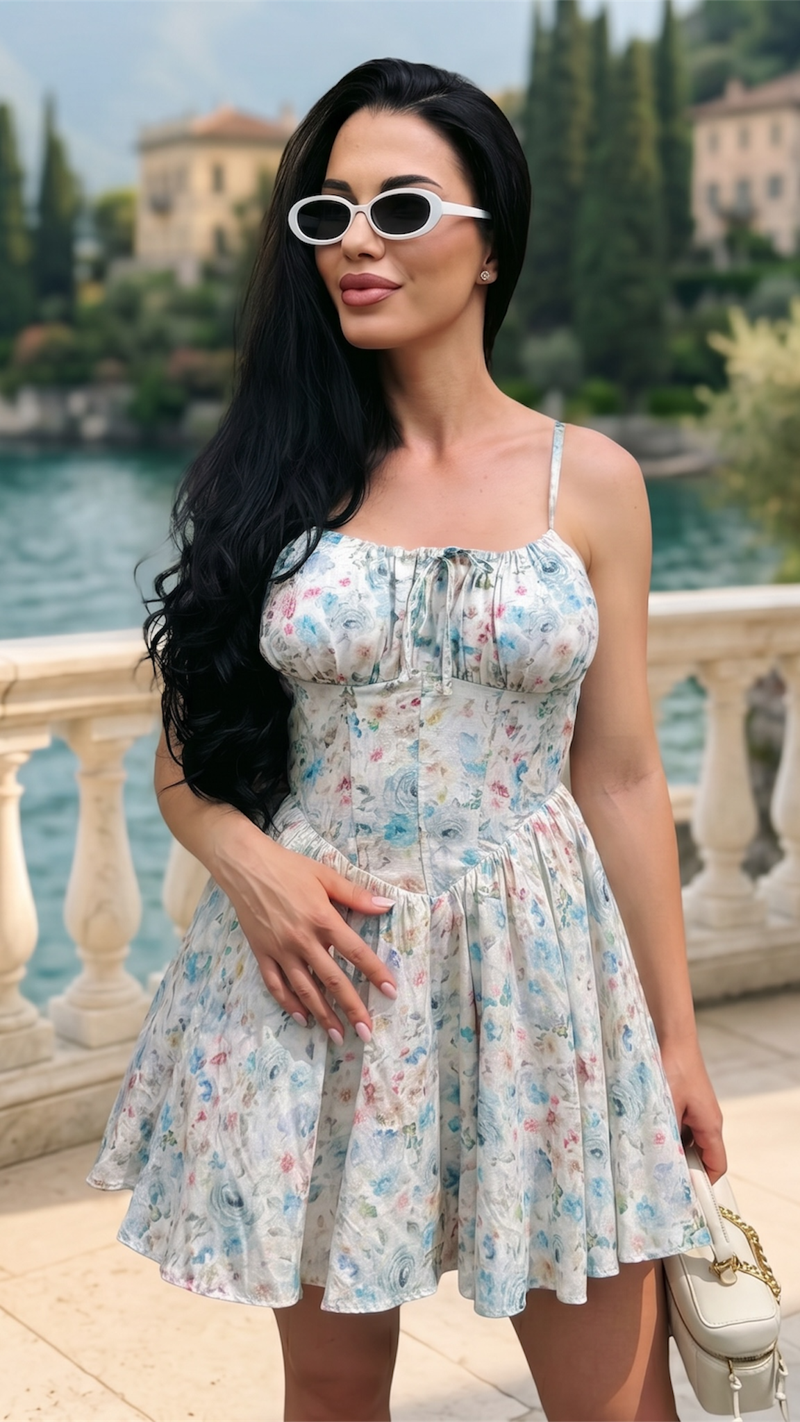 Rochie cu imprimeu floral pastel și corset