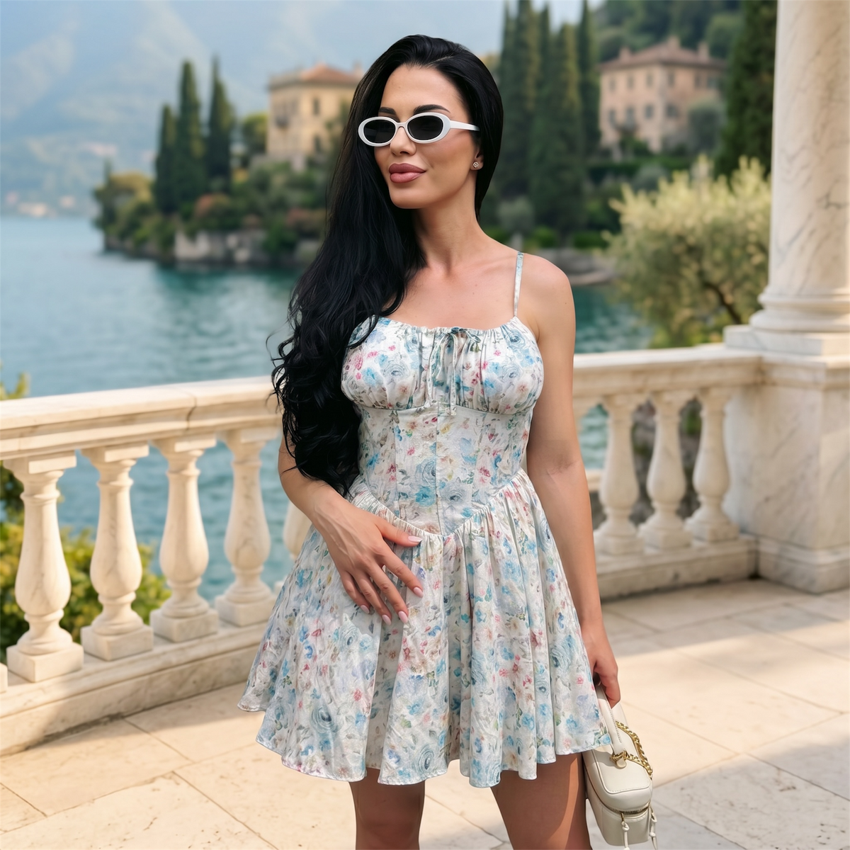 Rochie cu imprimeu floral pastel și corset