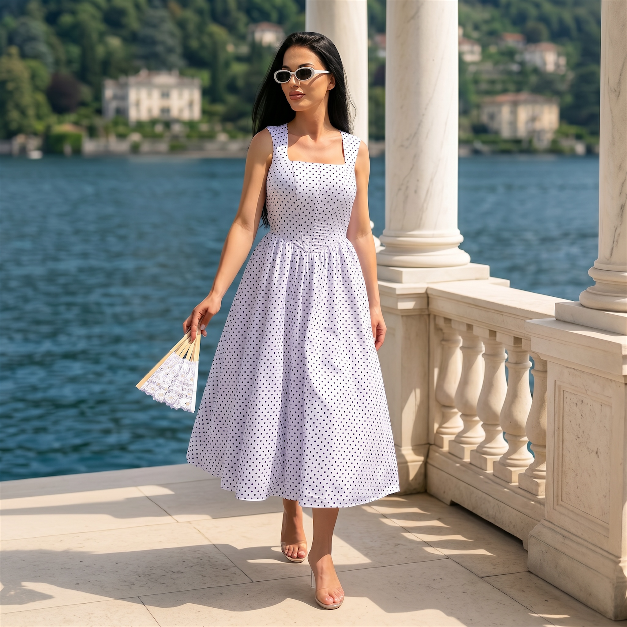 Rochie midi alba cu imprimeu buline si corset