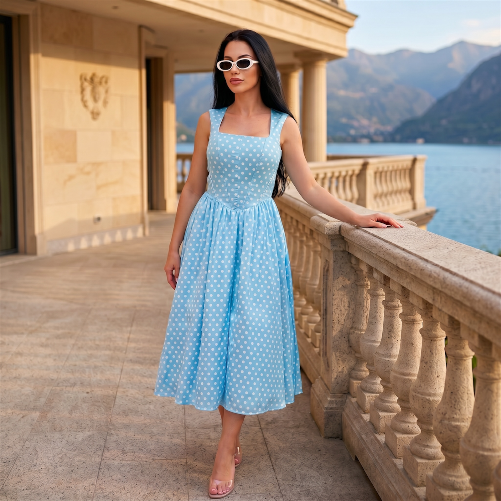 Rochie midi bleu cu imprimeu buline si corset