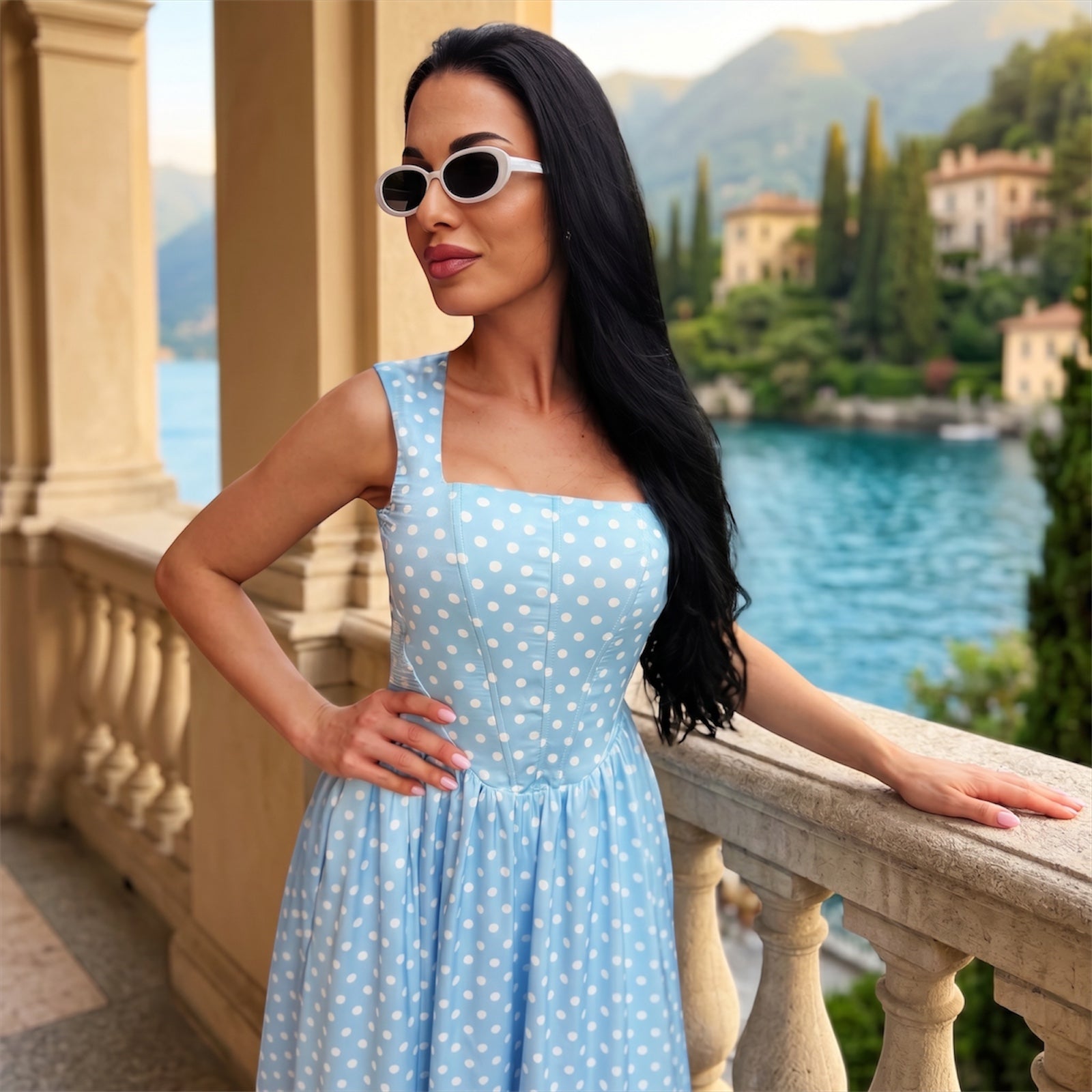 Rochie midi bleu cu imprimeu buline si corset