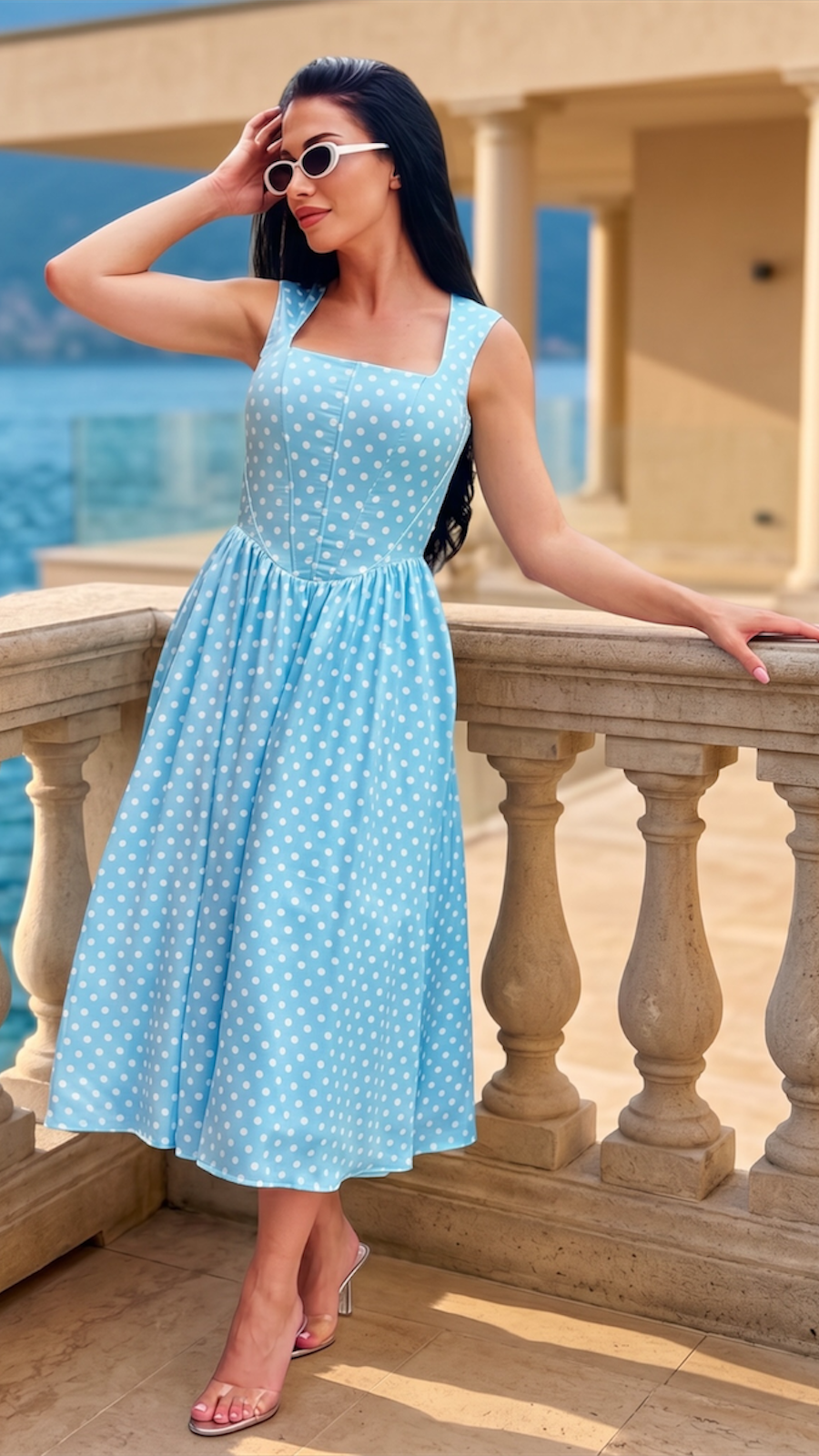 Rochie midi bleu cu imprimeu buline si corset