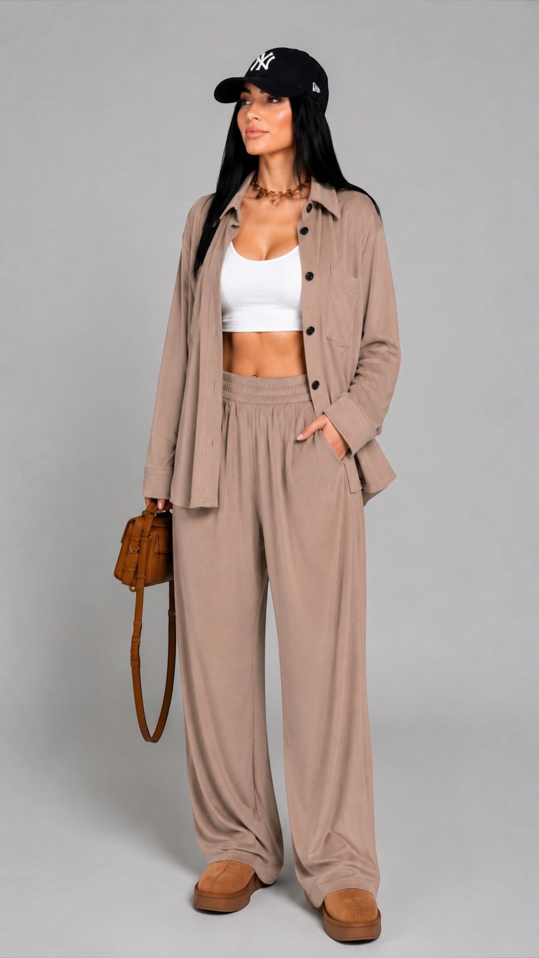 Trening dama cappuccino format din jacheta tip camasa oversize si pantaloni largi