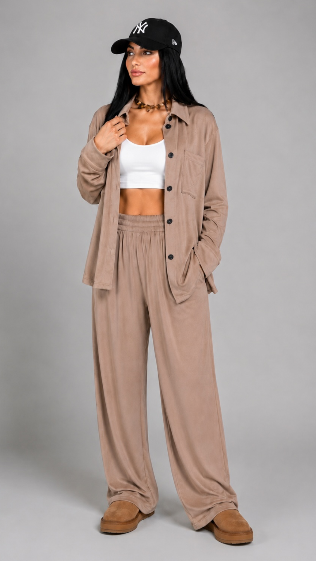 Trening dama cappuccino format din jacheta tip camasa oversize si pantaloni largi