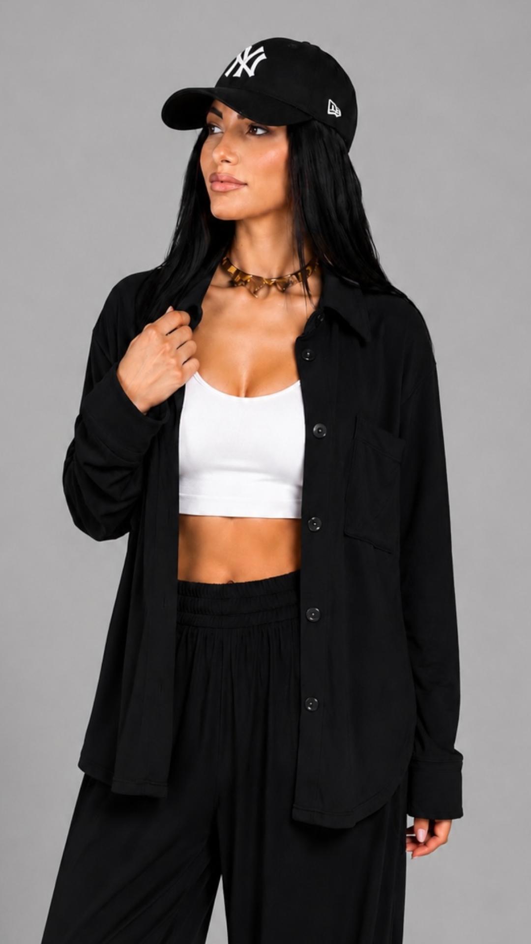 Trening dama negru format din camasa oversize si pantaloni largi