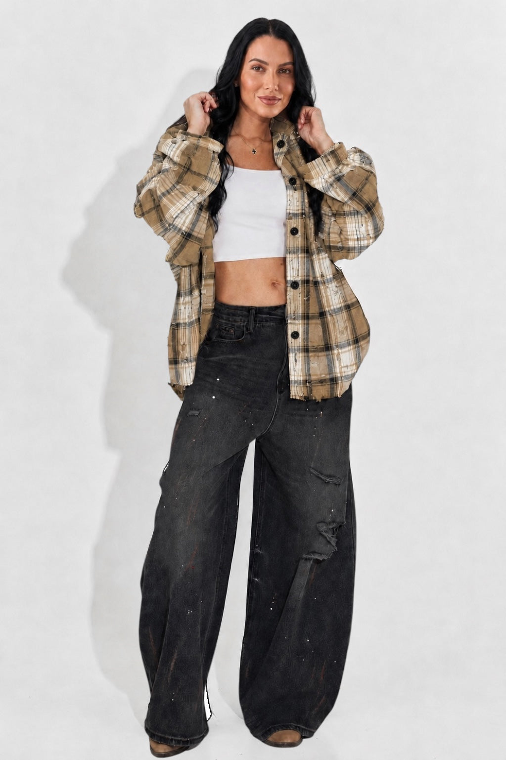 Camasa dama oversize in carouri crem-alb-negru cu perforatii